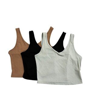 Set of 3 Crop Tops – Teal, Black & Light Brown